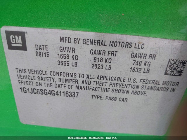 Chevrolet Sonic Lt Auto 2016 1G1JC6SG4G4116337 Image 9