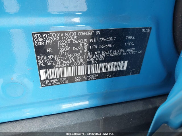 2020 TOYOTA RAV4 LE HYBRID VIN: JTMM6RFV1LD003106