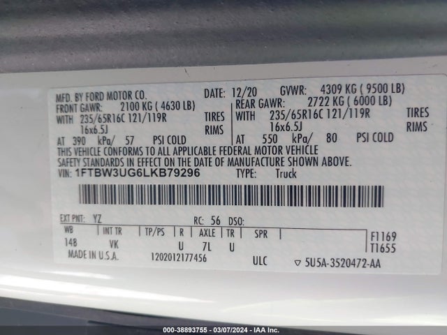 Ford Transit-350 Cargo Van 2020 1FTBW3UG6LKB79296 Image 9