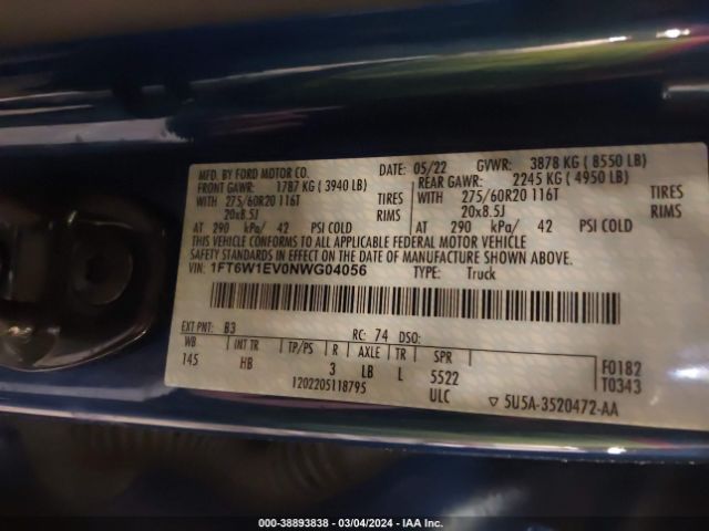 1FT6W1EV0NWG04056 Ford F-150 Lightning Lariat