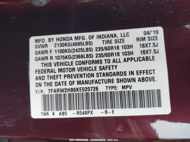 Honda Cr-v Ex-l 2019 7FARW2H86KE020726 Image 9