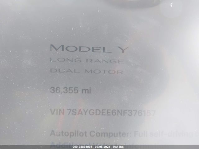 7SAYGDEE6NF376157 Tesla Model Y Long Range Dual Motor All-wheel Drive