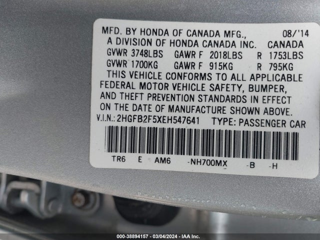 Honda Civic Lx 2014 2HGFB2F5XEH547641 Image 9