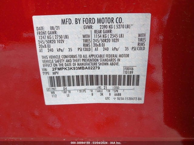 2FMPK3K93MBA02279 Ford Edge Titanium