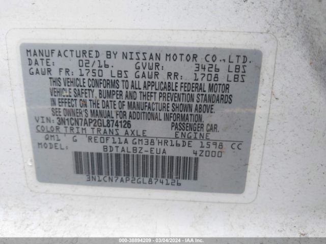 3N1CN7AP2GL874126 Nissan Versa 1.6 Sv