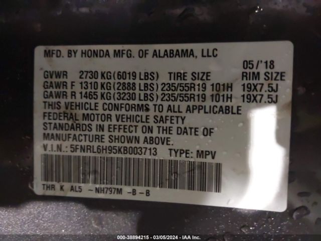 5FNRL6H95KB003713 Honda Odyssey Elite