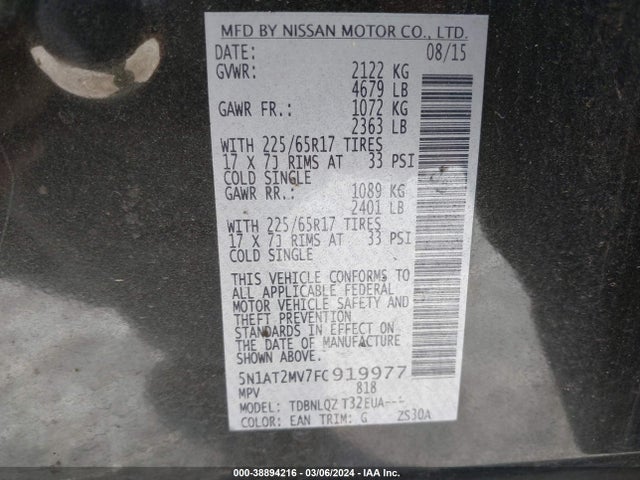 Nissan ROGUE SV 2015 5N1AT2MV7FC919977 Image 9