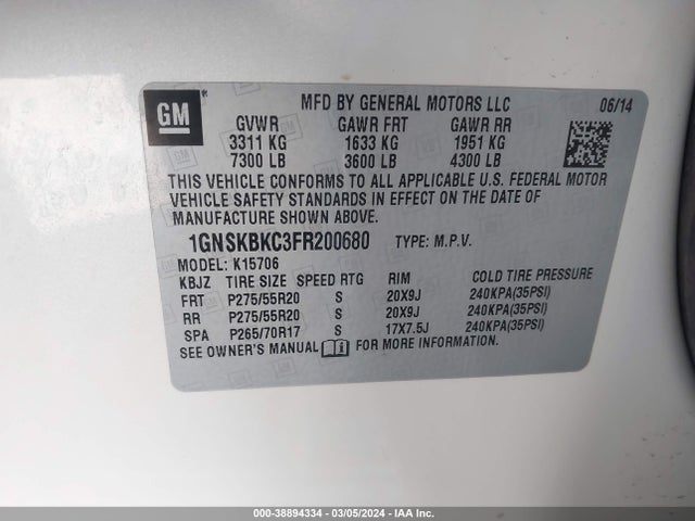 Chevrolet Tahoe Lt 2015 1GNSKBKC3FR200680 Image 9