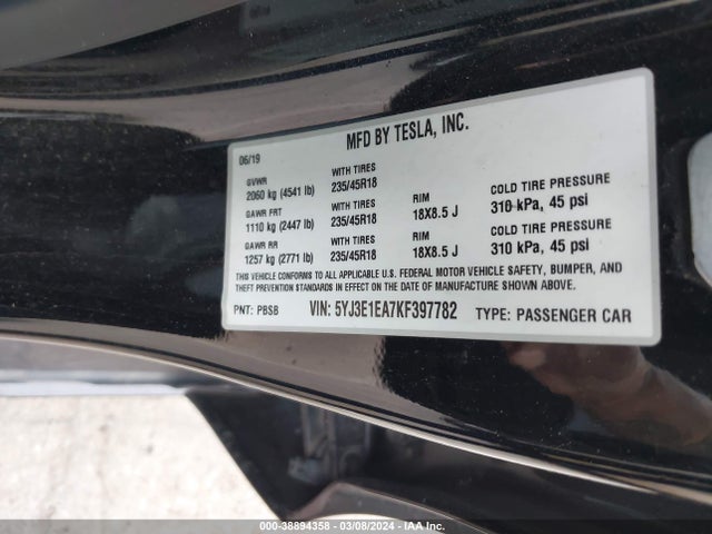 5YJ3E1EA7KF397782 Tesla Model 3 Long Range/mid Range/standard Range/standard Range Plus
