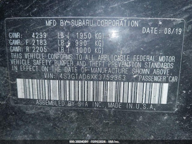 4S3GTAD6XK3759363 Subaru Impreza 2.0i Premium