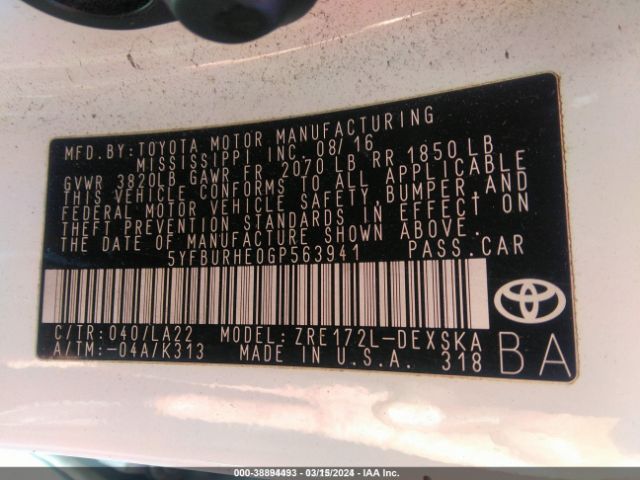 5YFBURHE0GP563941 Toyota Corolla S Premium