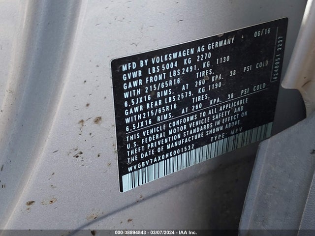 WVGBV7AX0HK001532 Volkswagen Tiguan 2.0t S