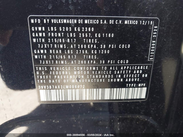 3VV3B7AX2LM086412 Volkswagen Tiguan 2.0t Se/2.0t Se R-line Black/2.0t Sel