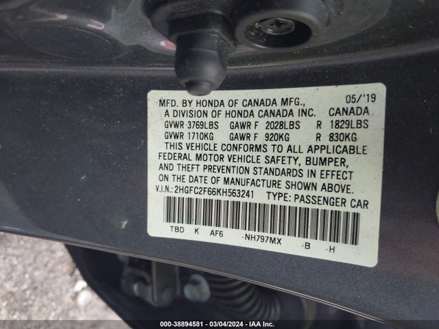 Honda Civic Lx 2019 2HGFC2F66KH563241 Image 9