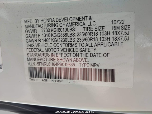 Honda Odyssey Ex-l 2023 5FNRL6H64PB019835 Image 9