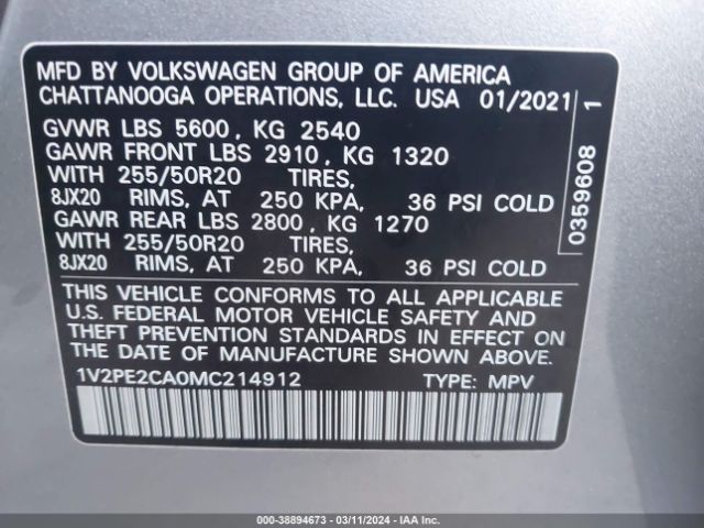 1V2PE2CA0MC214912 Volkswagen Atlas Cross Sport 3.6l V6 Se W/technology R-line