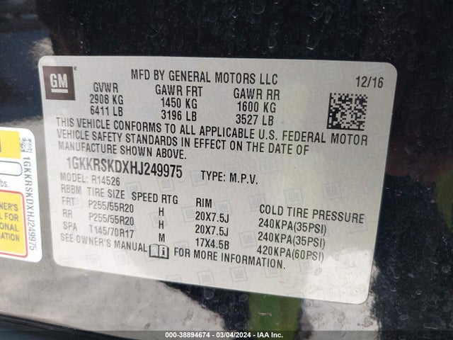 1GKKRSKDXHJ249975 GMC Acadia Limited