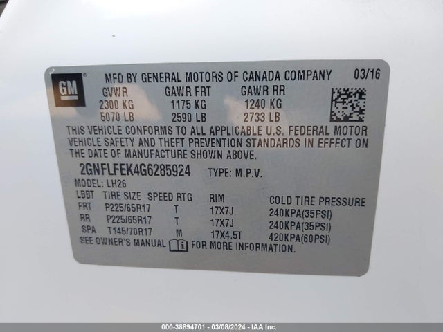 Chevrolet EQUINOX LT 2016 2GNFLFEK4G6285924 Image 9