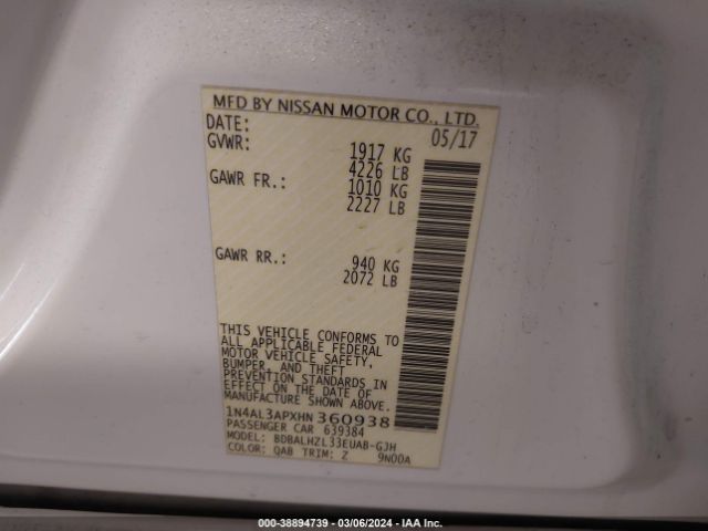 1N4AL3APXHN360938 Nissan Altima 2.5 Sr