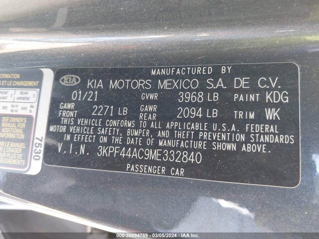 Aukcja sprzedaży 2021 Kia Forte Gt, vin: 3KPF44AC9ME332840, numer aukcji: 38894759