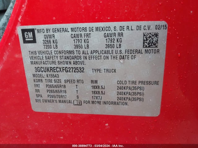Chevrolet Silverado 1500 2lt 2015 3GCUKRECXFG272532 Image 9