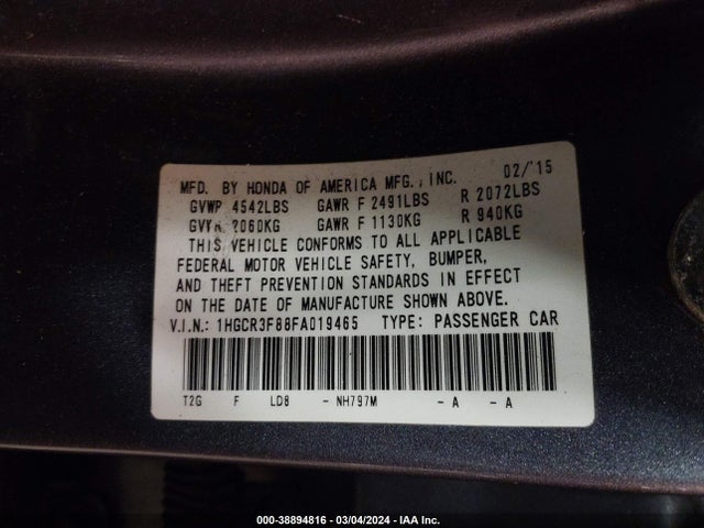 Honda Accord Ex-l V-6 2015 1HGCR3F88FA019465 Image 9