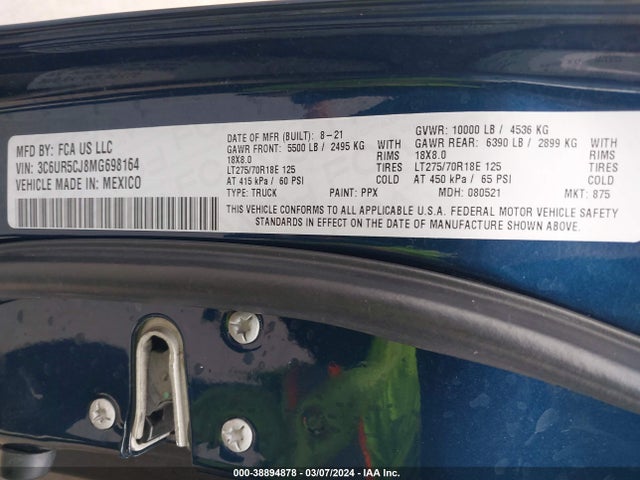 RAM 2500 Tradesman  4x4 6'4 Box 2021 3C6UR5CJ8MG698164 Image 9