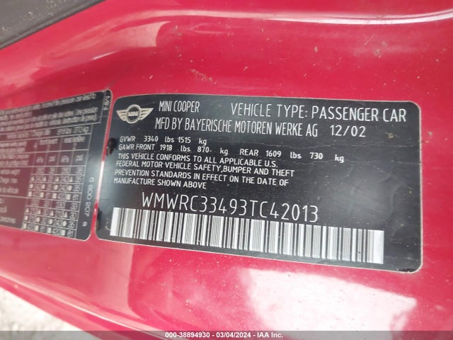 2003 MINI COOPER WMWRC33493TC42013 Photo 8