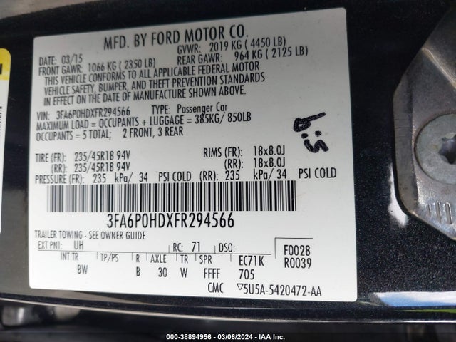 Ford FUSION SE 2015 3FA6P0HDXFR294566 Image 9