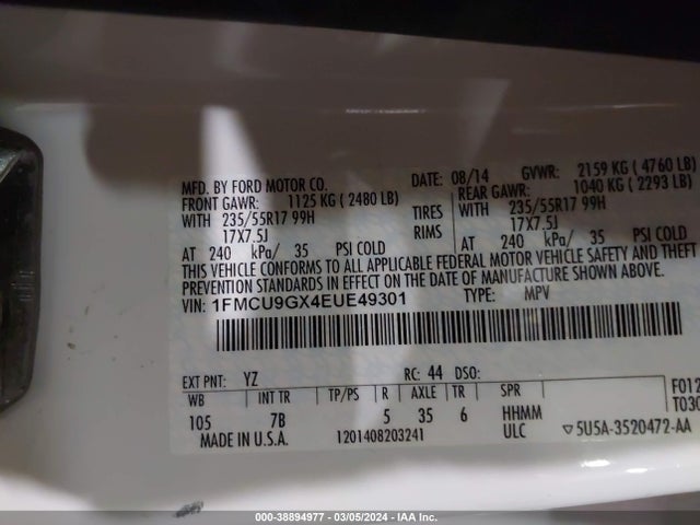 Ford ESCAPE SE 2014 1FMCU9GX4EUE49301 Image 9