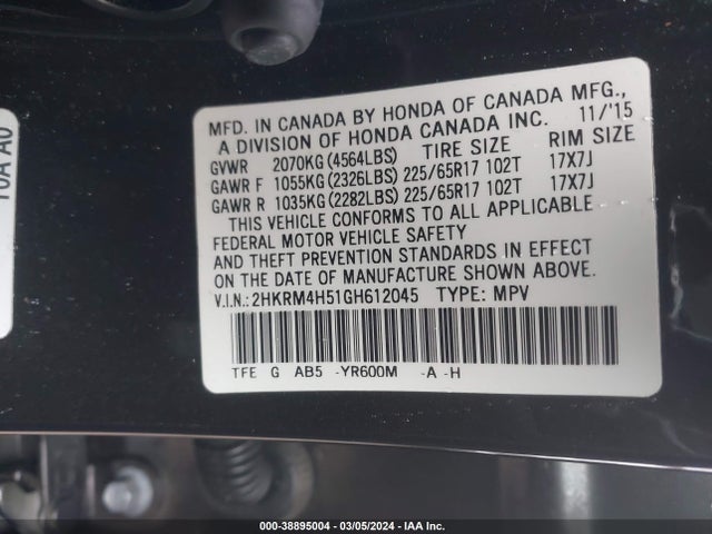 Honda CR-V EX 2016 2HKRM4H51GH612045 Image 9