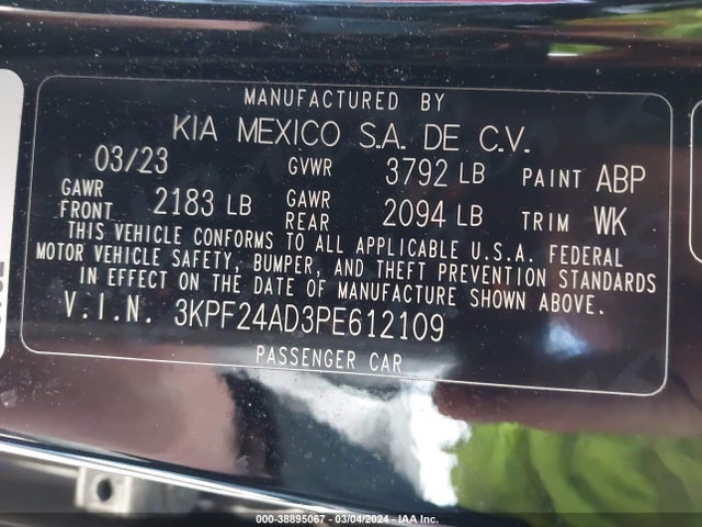 2023 KIA FORTE LXS VIN: 3KPF24AD3PE612109