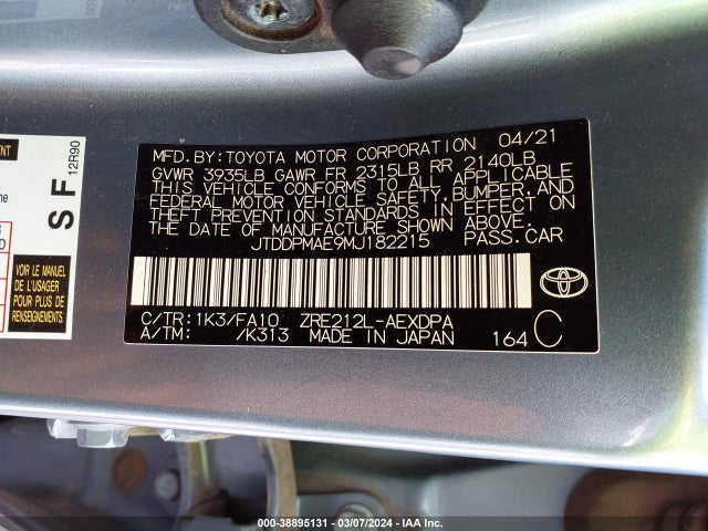 Toyota COROLLA L 2021 JTDDPMAE9MJ182215 Image 9
