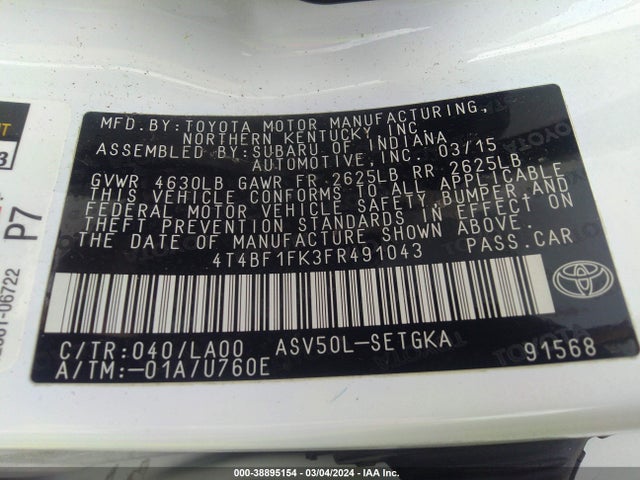 Toyota CAMRY XLE 2015 4T4BF1FK3FR491043 Image 9
