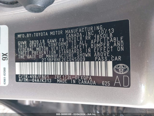 Toyota Corolla Le Eco 2014 2T1BPRHE2EC045009 Image 9
