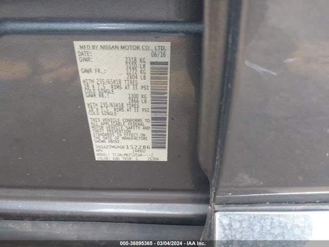 Nissan MURANO S 2016 5N1AZ2MG4GN152286 Image 9
