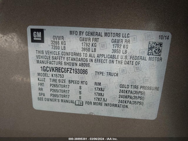 Chevrolet Silverado 1500 2lt 2015 1GCVKREC6FZ193086 Image 9