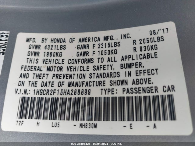 1HGCR2F15HA286899 Honda Accord Sport Se
