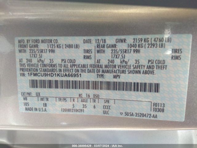 1FMCU9HD1KUA66951 Ford ESCAPE SEL
