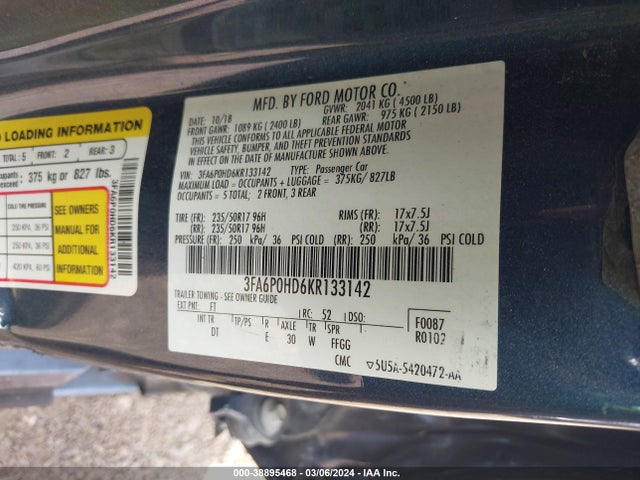 Ford FUSION SE 2019 3FA6P0HD6KR133142 Image 9