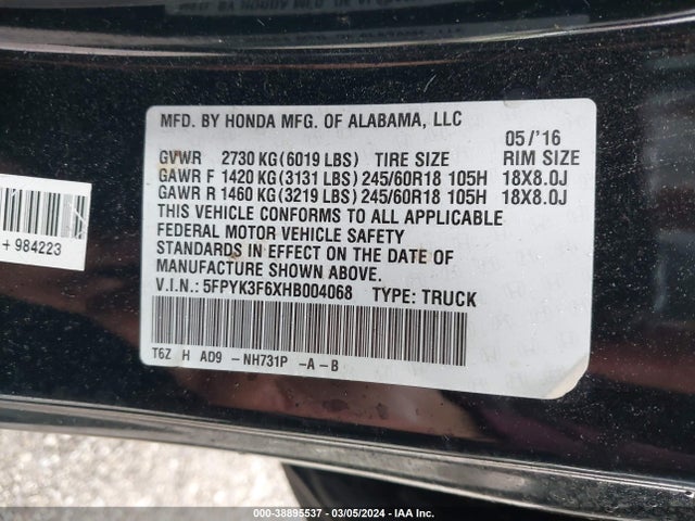 Honda Ridgeline Rtl-t 2017 5FPYK3F6XHB004068 Image 9
