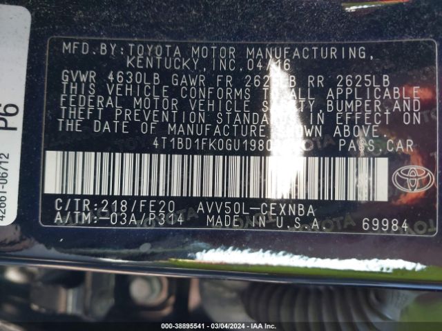 4T1BD1FK0GU198038 Toyota Camry Hybrid Le
