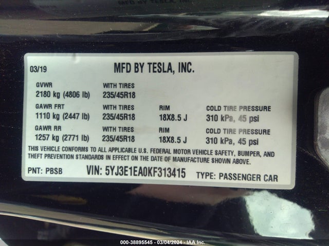 Tesla Model 3 Long Range/mid Range/standard Range/standard Range Plus 2019 5YJ3E1EA0KF313415 Image 9
