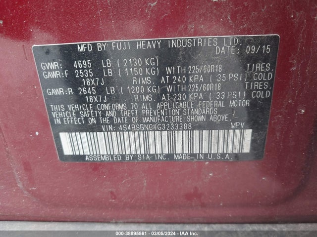 Subaru Outback 2.5i Limited 2016 4S4BSBNC1G3233388 Image 9