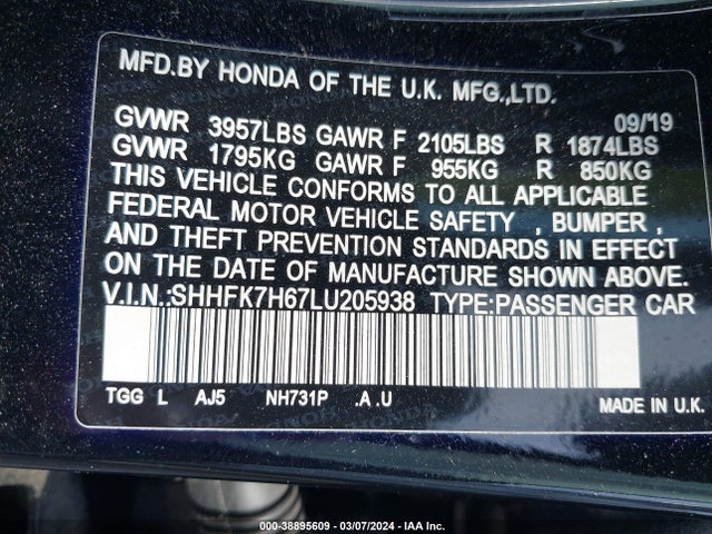 Honda CIVIC EX 2020 SHHFK7H67LU205938 Image 9
