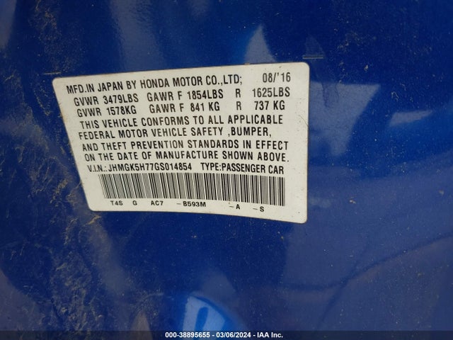Honda FIT EX 2016 JHMGK5H77GS014854 Image 9