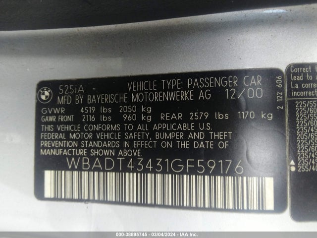 2001 BMW 525IA VIN: WBADT43431GF59176