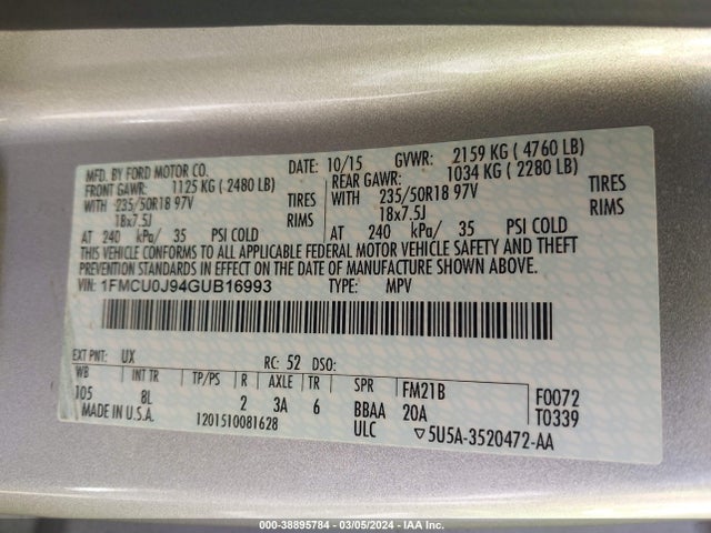 Ford Escape Titanium 2016 1FMCU0J94GUB16993 Image 9
