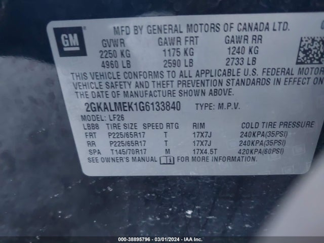 GMC Terrain Sle-1 2016 2GKALMEK1G6133840 Image 9