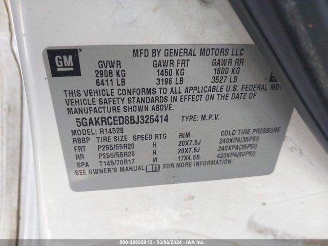2011 BUICK ENCLAVE 2XL VIN: 5GAKRCED8BJ326414